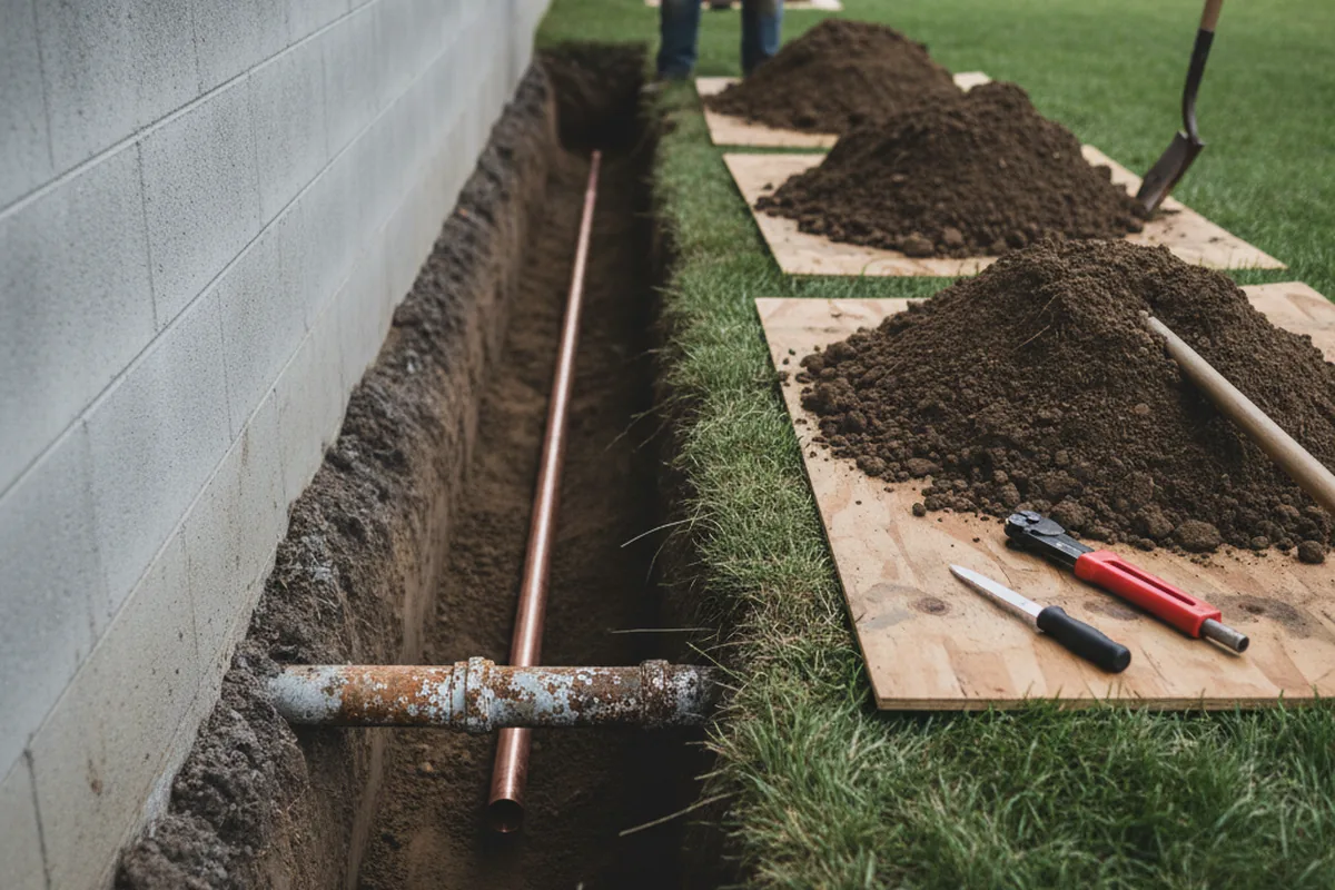 Excavated water line trench during Water Heater Repair in Otter Lake